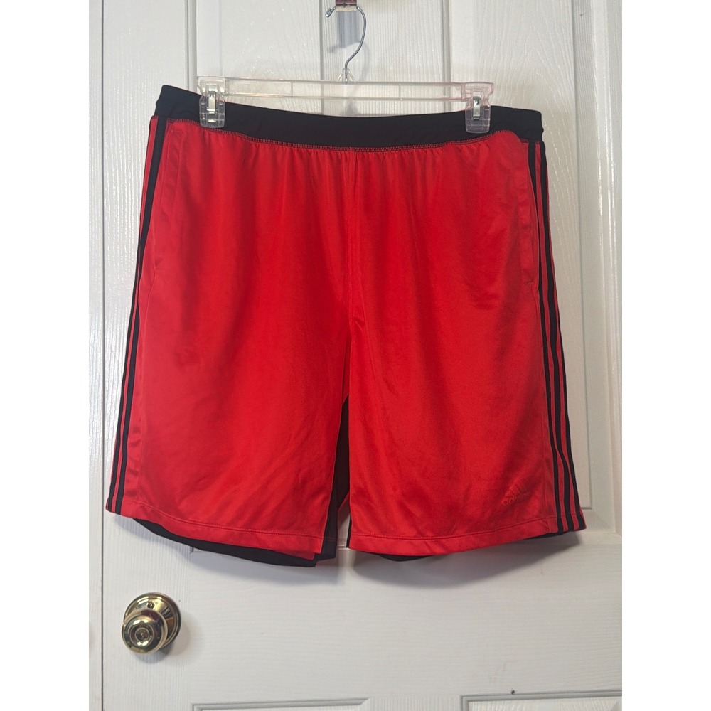 Adidas Mens Climalite Athletic Shorts Red Black 3 Stripe Pockets 2XL RN 88387